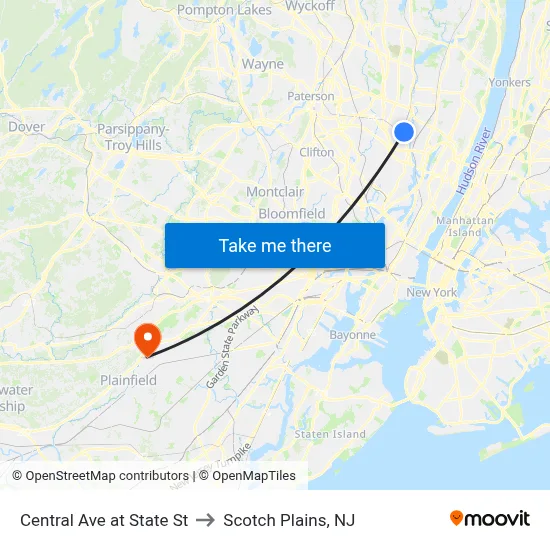 Central Ave at State St to Scotch Plains, NJ map