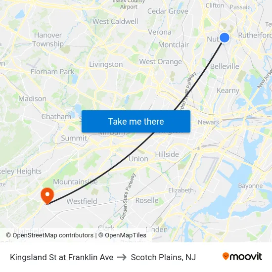 Kingsland St at Franklin Ave to Scotch Plains, NJ map