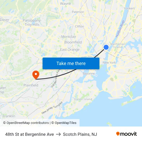 48th St at Bergenline Ave to Scotch Plains, NJ map