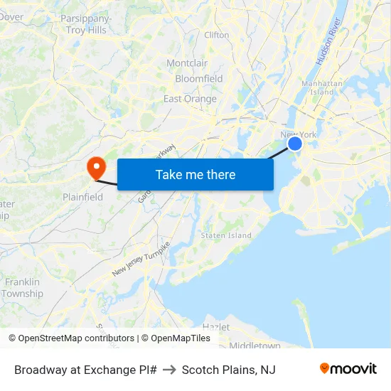 Broadway at Exchange Pl# to Scotch Plains, NJ map