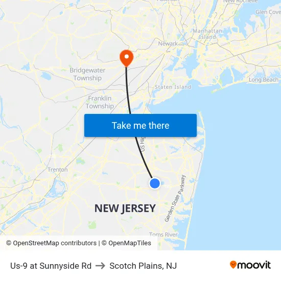 Us-9 at Sunnyside Rd to Scotch Plains, NJ map