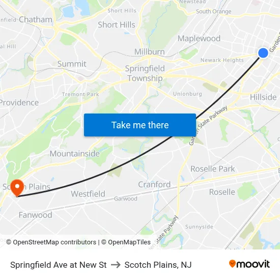 Springfield Ave at New St to Scotch Plains, NJ map