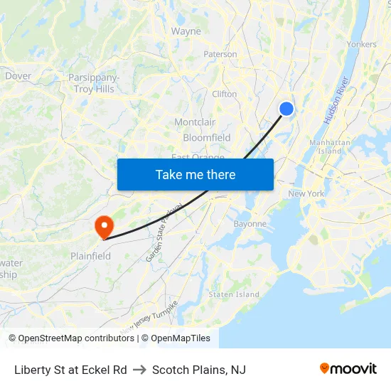 Liberty St at Eckel Rd to Scotch Plains, NJ map
