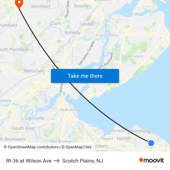 Rt-36 at Wilson Ave to Scotch Plains, NJ map