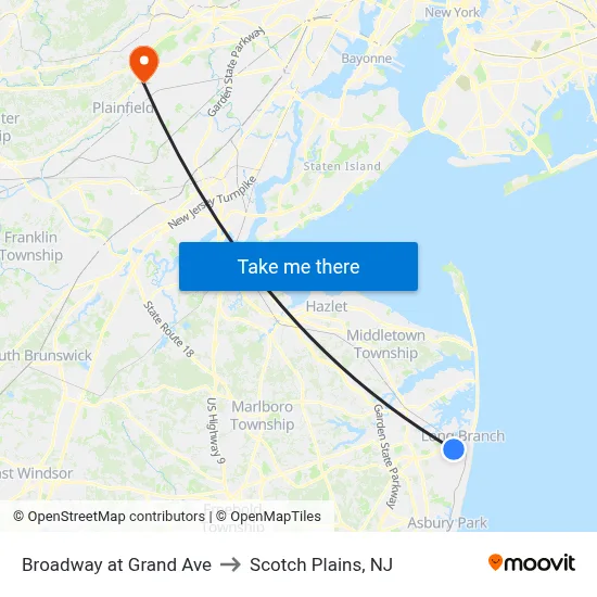 Broadway at Grand Ave to Scotch Plains, NJ map