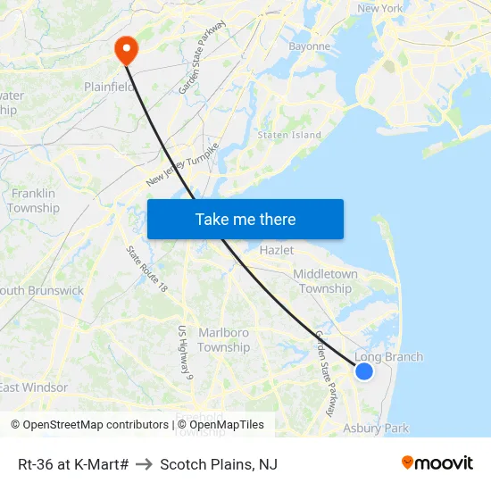 Rt-36 at K-Mart# to Scotch Plains, NJ map