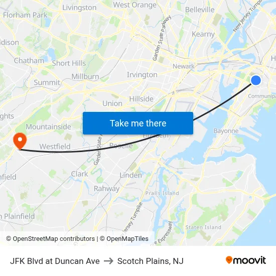 JFK Blvd at Duncan Ave to Scotch Plains, NJ map