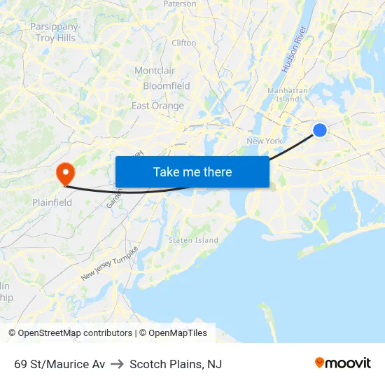 69 St/Maurice Av to Scotch Plains, NJ map