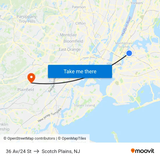 36 Av/24 St to Scotch Plains, NJ map