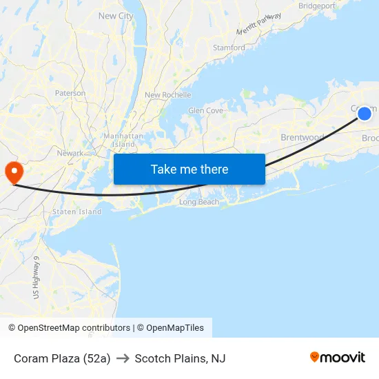Coram Plaza (52a) to Scotch Plains, NJ map