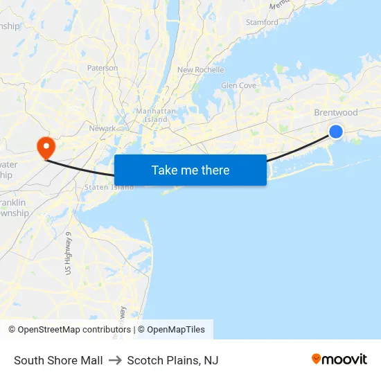 South Shore Mall to Scotch Plains, NJ map