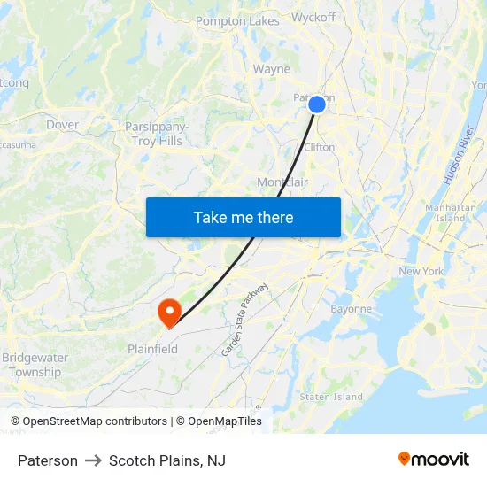 Paterson to Scotch Plains, NJ map