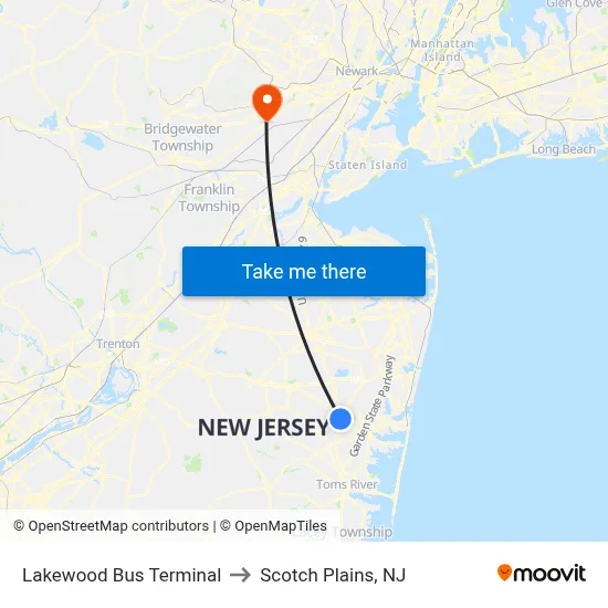 Lakewood Bus Terminal to Scotch Plains, NJ map