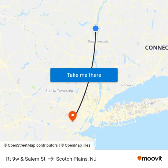 Rt 9w & Salem St to Scotch Plains, NJ map