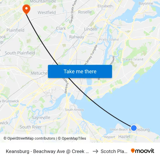 Keansburg -  Beachway Ave @ Creek Rd (Northbound) to Scotch Plains, NJ map