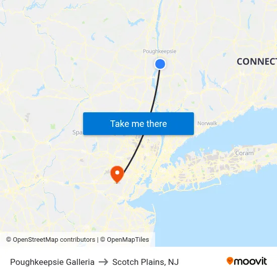 Poughkeepsie Galleria to Scotch Plains, NJ map