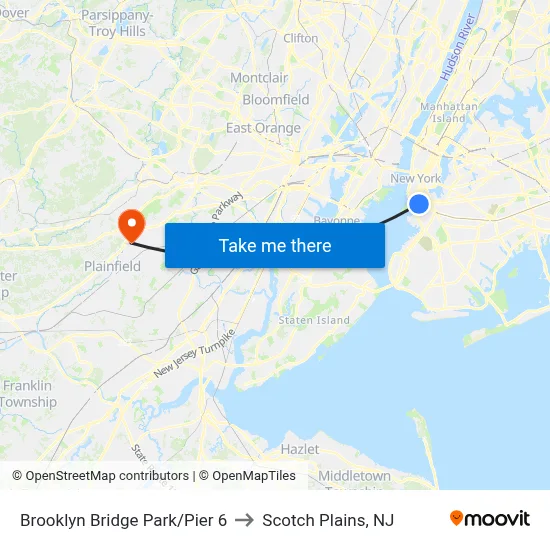 Brooklyn Bridge Park/Pier 6 to Scotch Plains, NJ map