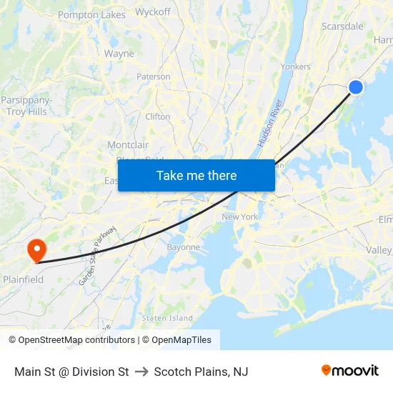 Main St @ Division St to Scotch Plains, NJ map