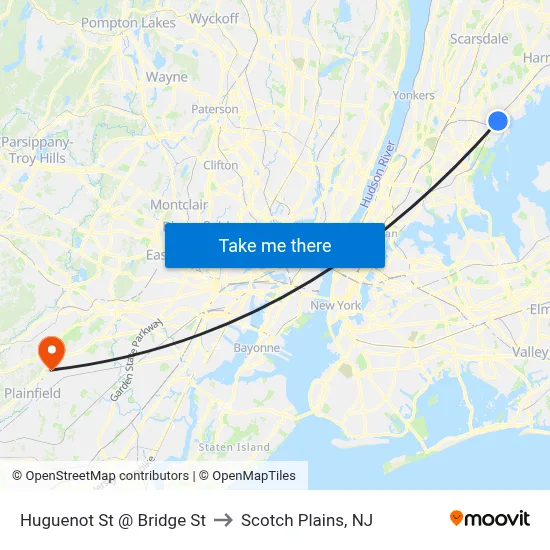 Huguenot St @ Bridge St to Scotch Plains, NJ map