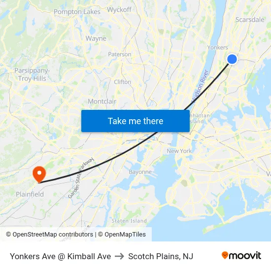 Yonkers Ave @ Kimball Ave to Scotch Plains, NJ map