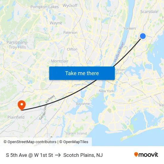 S 5th Ave @ W 1st St to Scotch Plains, NJ map