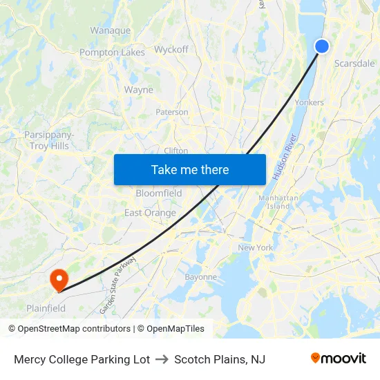 Mercy College Parking Lot to Scotch Plains, NJ map