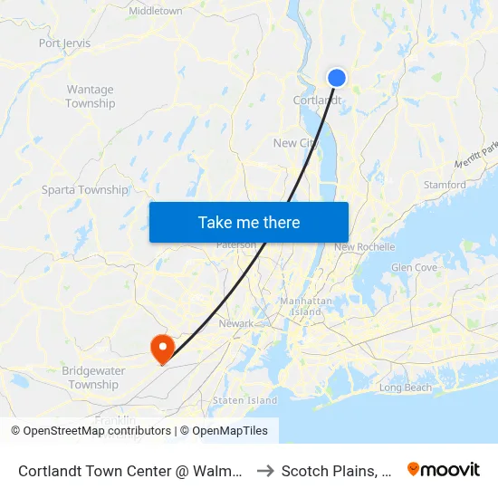Cortlandt Town Center @ Walmart to Scotch Plains, NJ map