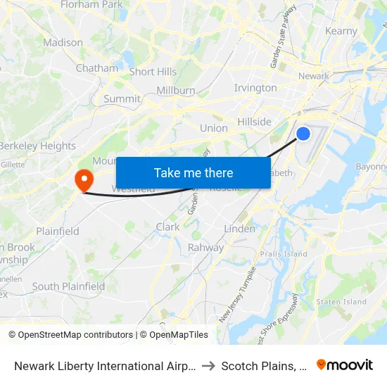 Newark Liberty International Airport to Scotch Plains, NJ map