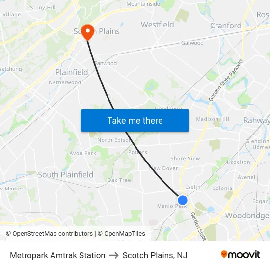 Metropark Amtrak Station to Scotch Plains, NJ map