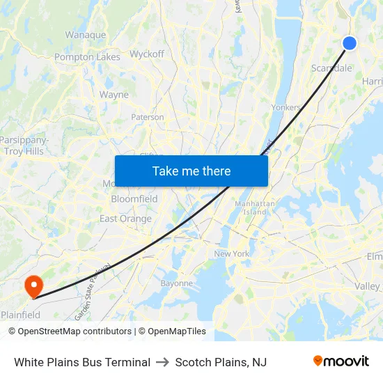 White Plains Bus Terminal to Scotch Plains, NJ map