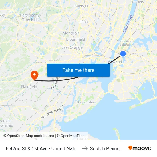 E 42nd St & 1st Ave - United Nations to Scotch Plains, NJ map