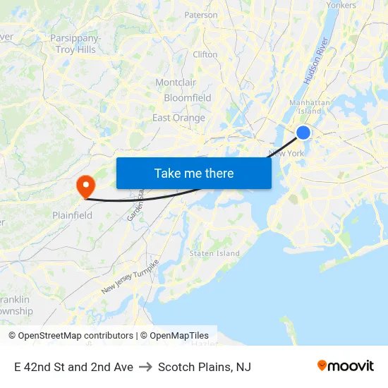 E 42nd St and 2nd Ave to Scotch Plains, NJ map