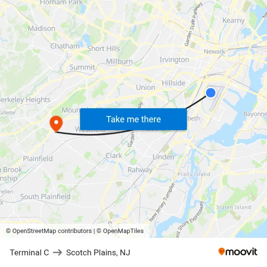 Terminal C to Scotch Plains, NJ map