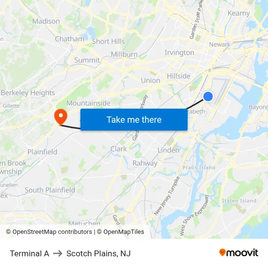 Terminal A to Scotch Plains, NJ map