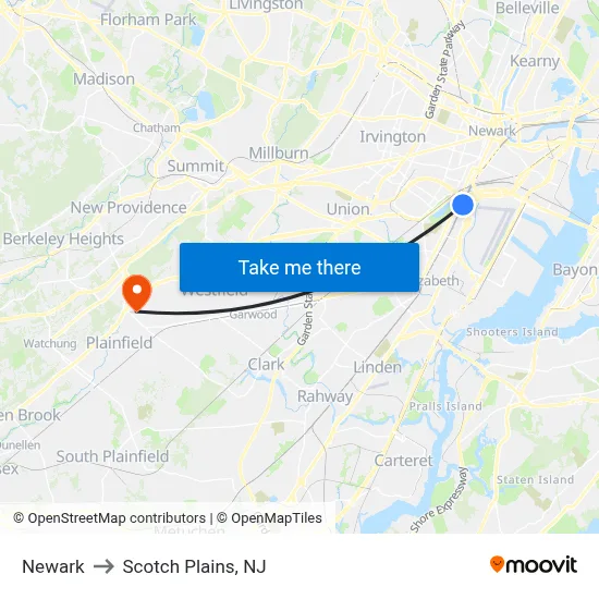 Newark to Scotch Plains, NJ map