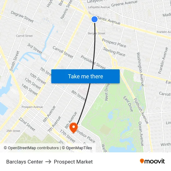 Barclays Center to Prospect Market map