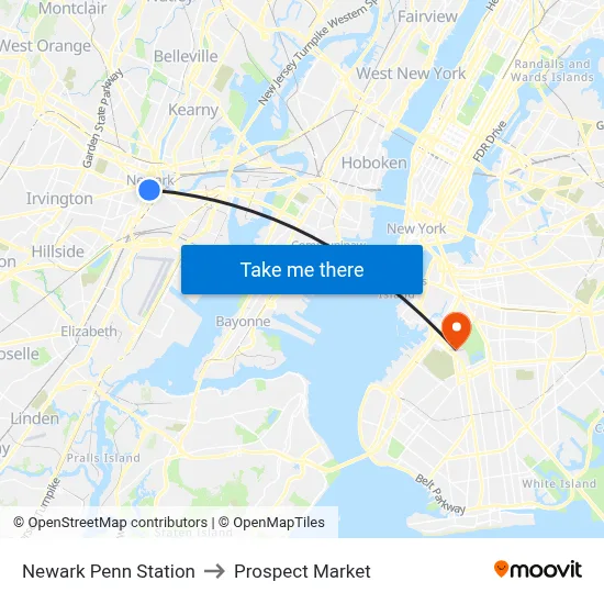 Newark Penn Station to Prospect Market map