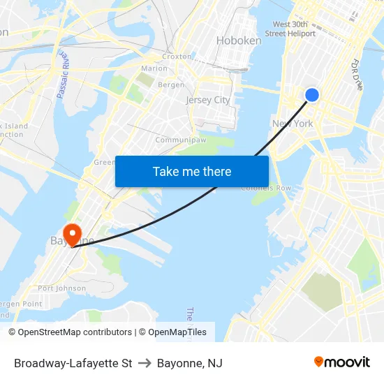 Broadway-Lafayette St to Bayonne, NJ map