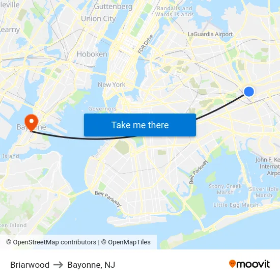 Briarwood to Bayonne, NJ map
