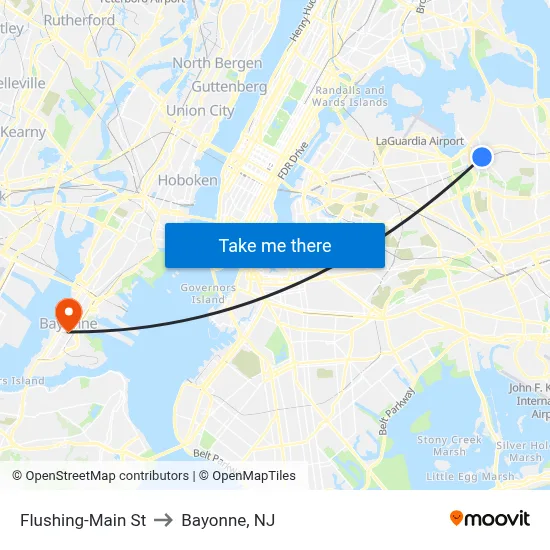 Flushing-Main St to Bayonne, NJ map