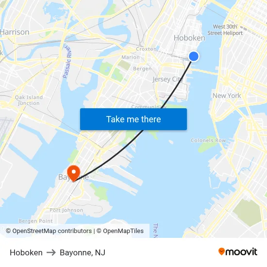 Hoboken to Bayonne, NJ map