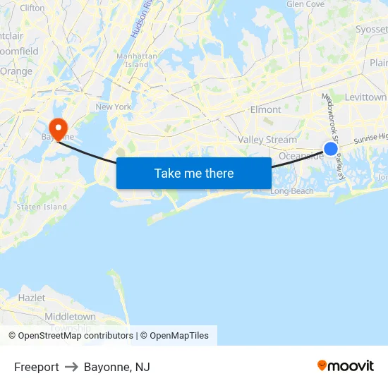 Freeport to Bayonne, NJ map