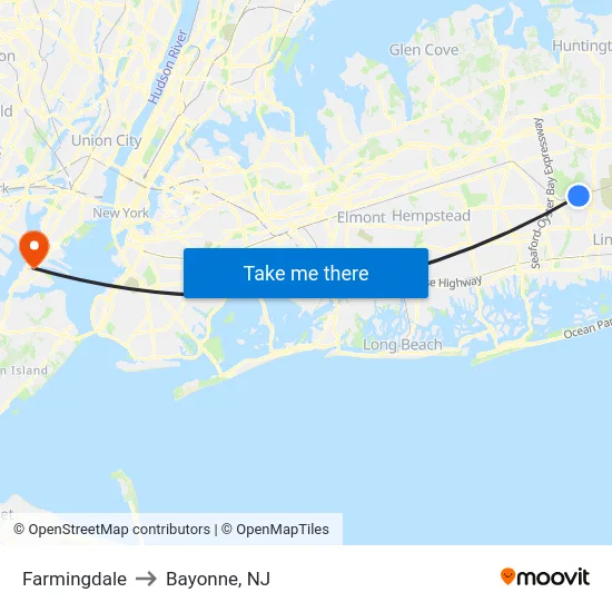 Farmingdale to Bayonne, NJ map