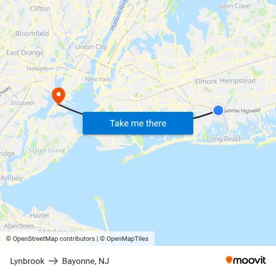 Lynbrook to Bayonne, NJ map
