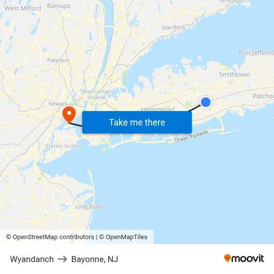 Wyandanch to Bayonne, NJ map