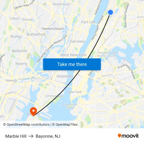 Marble Hill to Bayonne, NJ map