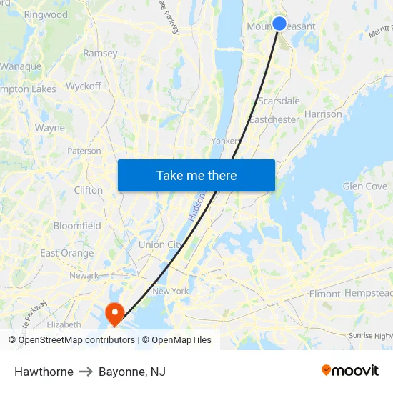 Hawthorne to Bayonne, NJ map