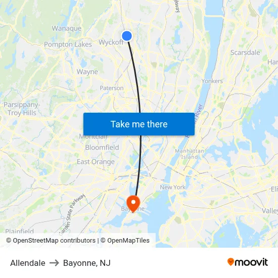 Allendale to Bayonne, NJ map