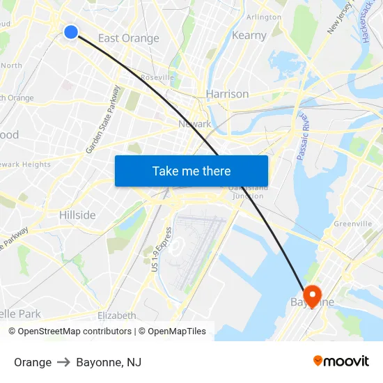 Orange to Bayonne, NJ map