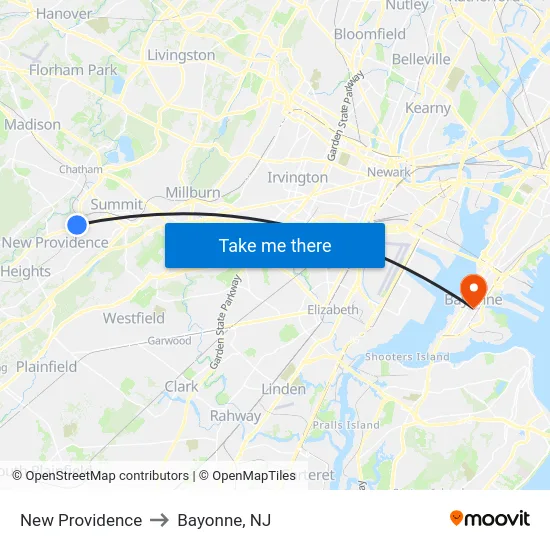 New Providence to Bayonne, NJ map